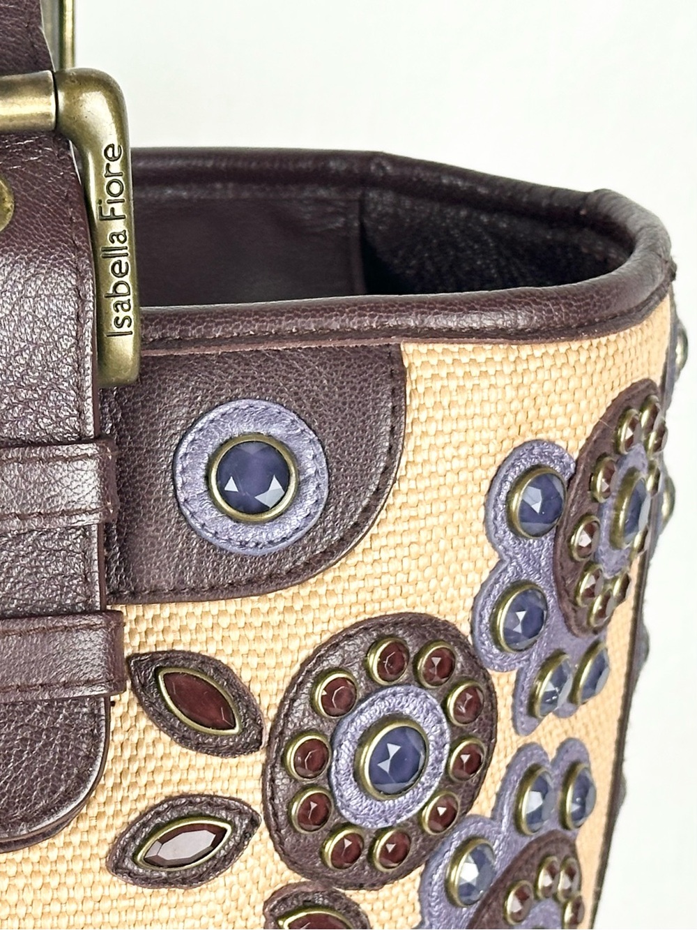 Isabella Fiore ‘Set in Stone’ Jeweled Tote Bag Tan and Brown Leather Trim - Picture 6 of 16